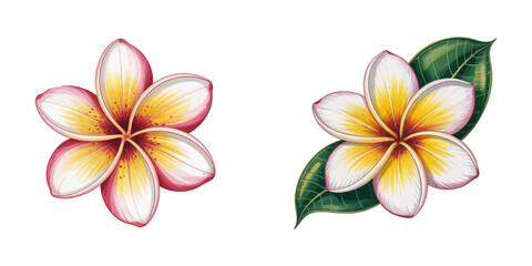 frangipani flower isolated on white, white plumeria with leaves on isolated white background, watercolor illustration, Frangipani plumeria flowers with leaves. Watercolor illustration, Frangipani.