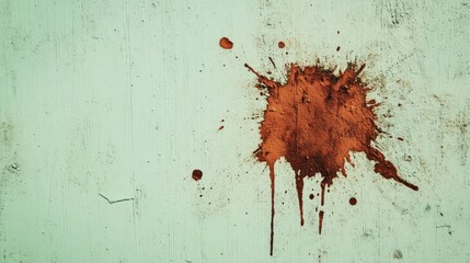Spatter of rust-colored liquid on a light-green surface
