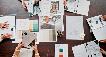 Planning, creative and above of business people in meeting for project ideas, research and...