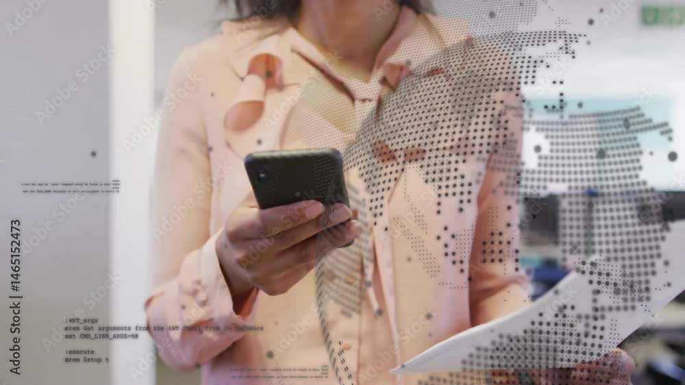Poster office worker woman using smartphone in technology office, showing code and world map overlay