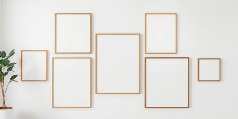 Gallery Wall Mockup Six Empty Light Wood Frames on a White Wall with a Potted Plant