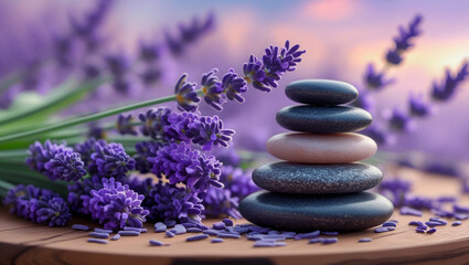 A peaceful and serene spa-inspired scene featuring a stack of smooth zen stones placed on a wooden surface next to fresh lavender flowers. perfect for wellness, spa, or aromatherapy themes. 