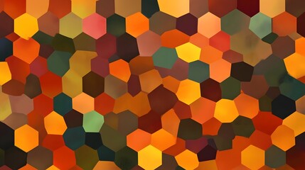 Intricate interconnected geometric pattern in a vibrant mosaic of warm autumn hues including shades of orange yellow brown and green