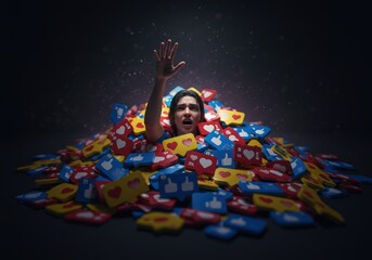 Woman overwhelmed by social media likes and hearts, reaching out of a pile of notification icons, symbolizing digital addiction and isolation from likes