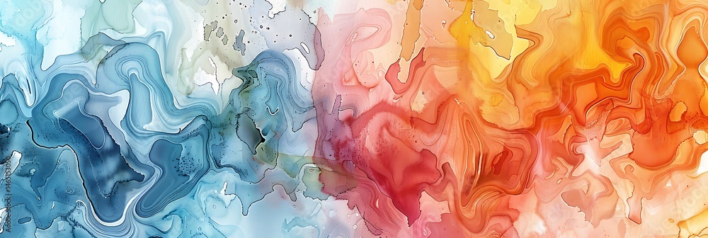 Poster abstract watercolor background with flowing blue and warm orange/red paint washes, creating a dynami