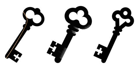 set of keys, Key Icon Vector Design on White Background, Keys silhouettes set vector isolated, Key icon symbol flat and line style set. Door or house key to unlock lock collection. Security system.