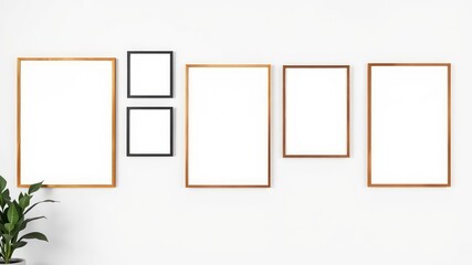 Empty picture frames on a white wall with a plant