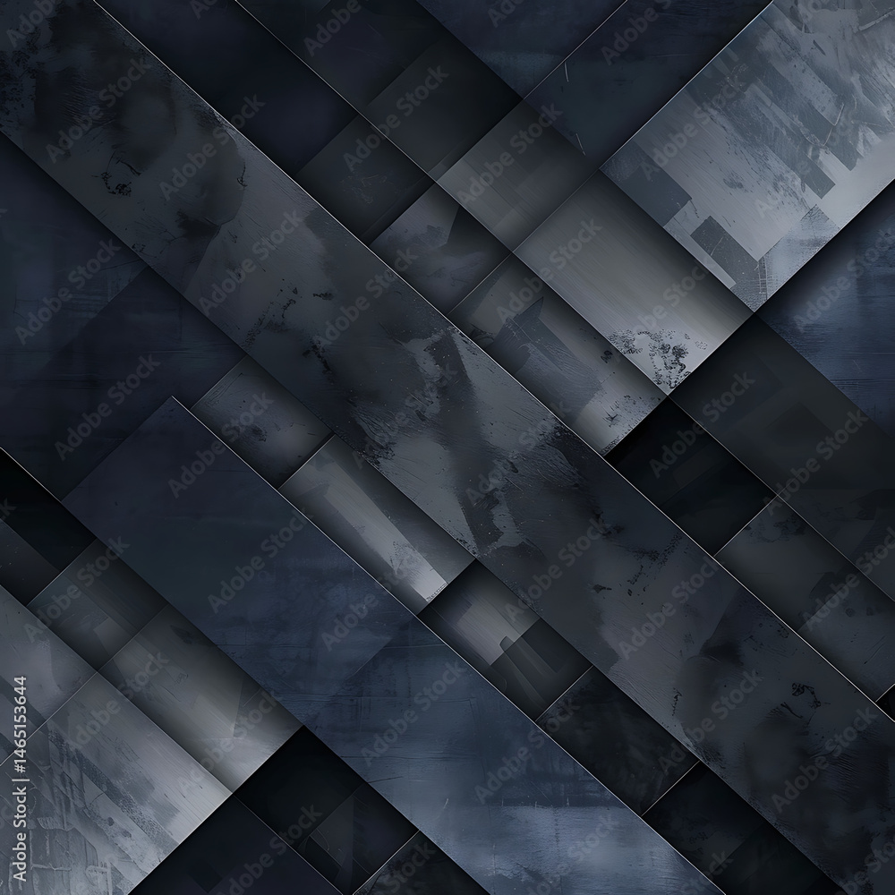 Poster abstract background of dark, overlapping diagonal metallic panels with a grunge, weathered texture. 