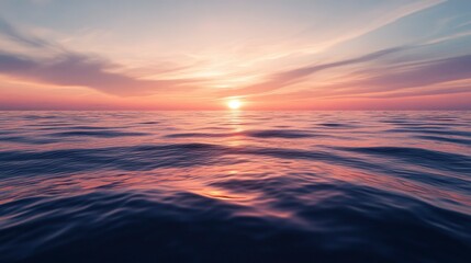 Serene sunset over calm ocean waters, reflecting vibrant hues, with soft clouds in the sky