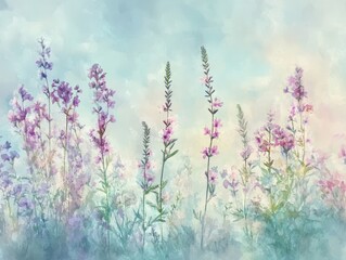 Obraz premium Pastel wildflowers in a dreamy field against a soft sky. Delicate, vibrant, and painted flowers in various shades of pink and lavender stand tall against a hazy sky