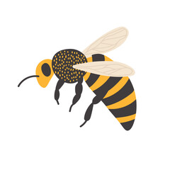 Bee flying in a garden surrounded by flowers during a sunny afternoon