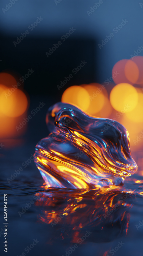 Poster abstract flowing vindicated glass material body with bright bokeh lights on a soft background