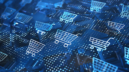 Abstract background of glowing blue digital shopping cart icons on a dotted grid, symbolizing e-commerce, online retail, and consumerism.
