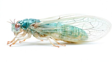 A detailed side view of a cicada with translucent wings, isolated on white