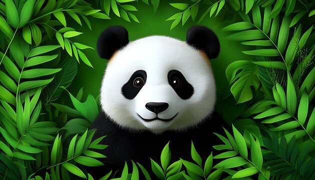 Smiling panda surrounded by lush green foliage.