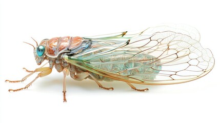 A detailed side view of a cicada with translucent wings, isolated on white