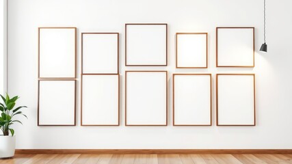 Gallery Wall Mockup Empty Frames on White Wall with Wood Floor and Plant