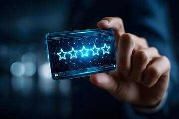 User holding a digital card with five glowing stars, AI background analyzing feedback, sleek futuristic UX design, glowing holographic interface