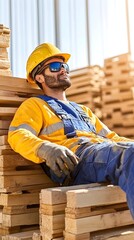 Construction worker rests, sunglasses on, leaning against stacked lumber