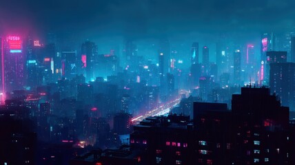 Neon lights illuminate skyscrapers and flying cars in a bustling city, creating a dramatic and electric atmosphere full of energy
