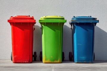 Brightly colored recycling bins in red, green, and blue positioned neatly against a white wall, illuminated by strong daylight