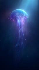 Naklejka premium Bio luminescent Jellyfish: A mesmerizing bioluminescent jellyfish gracefully floats in the deep ocean, its ethereal glow illuminating the dark abyss.