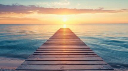 Obraz premium Serene sunset over calm waters viewed from a wooden pier, creating a tranquil atmosphere for relaxation