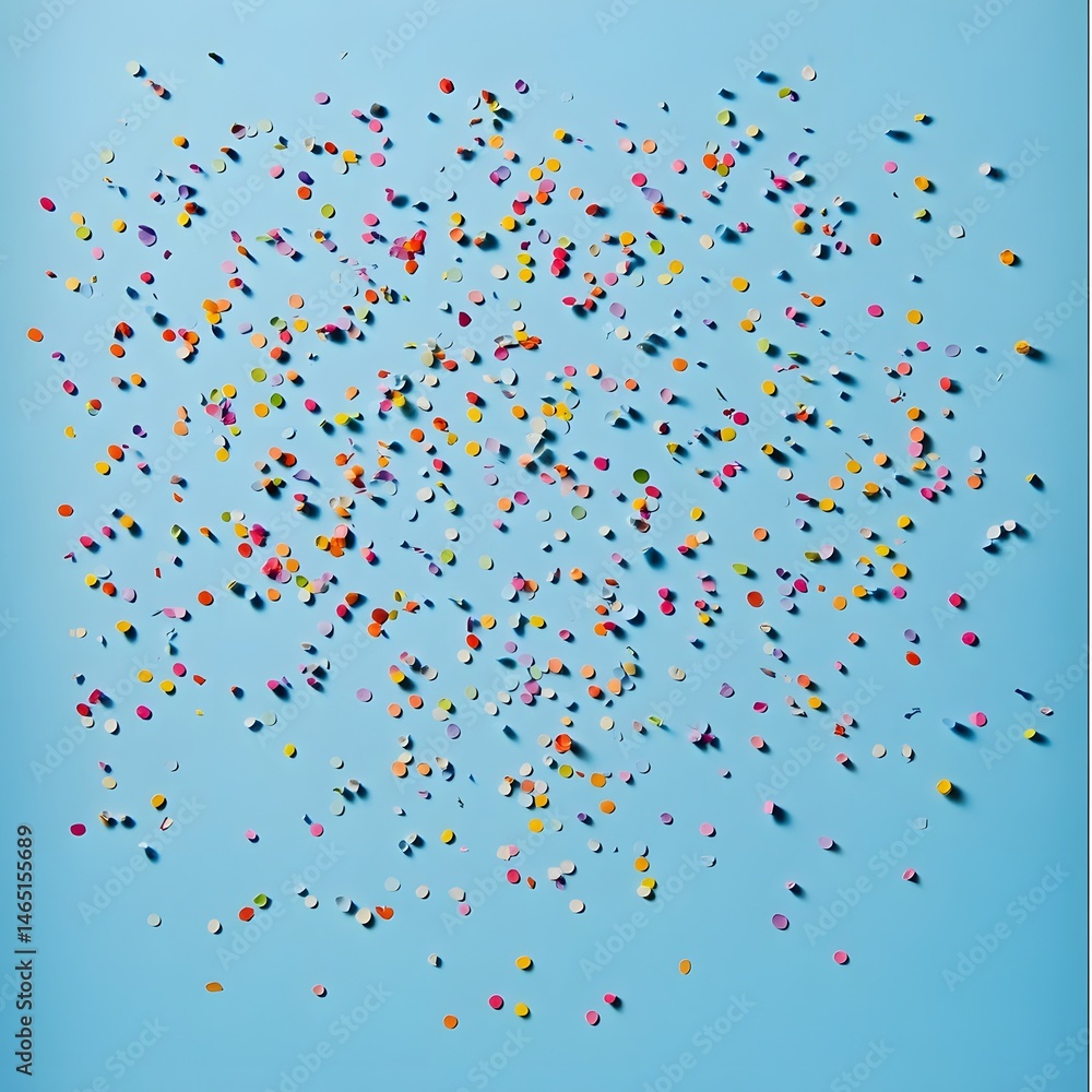 Poster a dynamic and joyful composition of colorful confetti scattered randomly across a pastel blue backgr