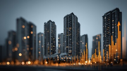 Naklejka premium Real estate investment growth visualized in an urban setting, with financial graphics and positive market outlook.