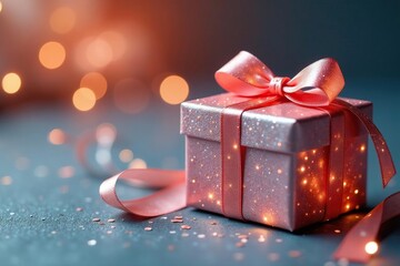 Fototapeta premium Sparkling gift boxes, delicate ribbons, soft warm lighting, luxurious feel , present, glitter