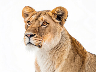 Obraz premium Close-up portrait of a female lion, showcasing its amber eyes, tawny fur, and alert expression against a bright white background.