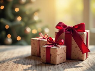 Soft light bathes antique gifts, tied with velvet ribbons , nostalgic, macro