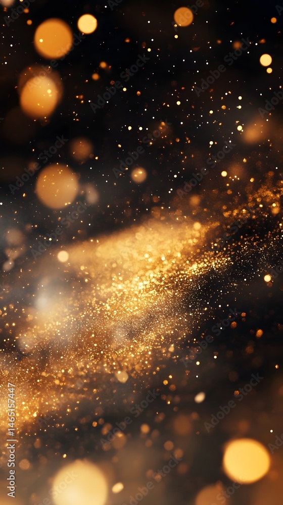 Poster an abstract and mesmerizing scene of shimmering golden glitter and luminous light particles dancing 