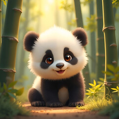 Obraz premium Adorable AI Generated Baby Panda Cub Sitting in Bamboo Forest with Big Eyes and Fluffy Fur, Cute Cartoon Animal Character in Nature, Whimsical Wildlife Illustration.