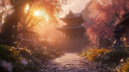 A beautiful Japanese temple surrounded by cherry blossoms, bathed in the soft glow of sunrise