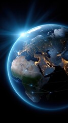 Image of Glowing Earth Planet View from Space Showing Europe Africa and Asia with Connection Lines and Blue Light printed on Printed Glass Basin Splashbacks