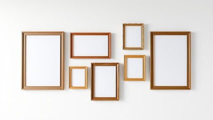 Gallery Wall Arrangement Six Empty Picture Frames in Various Sizes and Colors on a White Wall