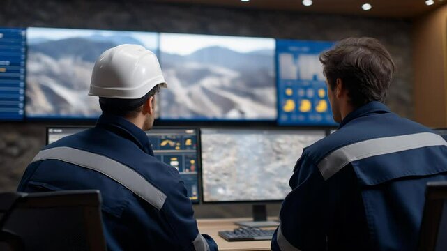 High-tech open-pit control room with miners overseeing operations.