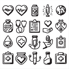collection of vector clip art of health field elements, simple line style editable
