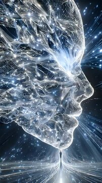 awakening AI soul Neural face of AI consciousness awakening, human walking toward neural face of AI network, infinite intelligence through neural face of AI light neural light being  mind-machine merg