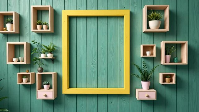 Assorted wooden cube shelves and plants on a green wall with a yellow frame in the center space