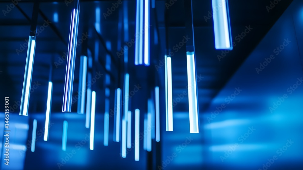 Poster vibrant blue neon lights forming an abstract modern and futuristic lighting installation with repeti