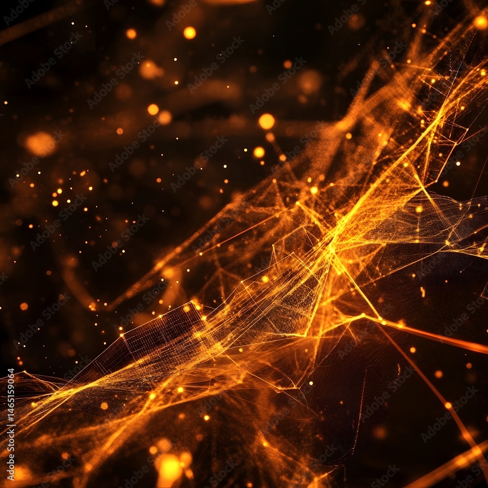 Poster an abstract image depicting the dynamic and intricate network of luminous particles energy and techn