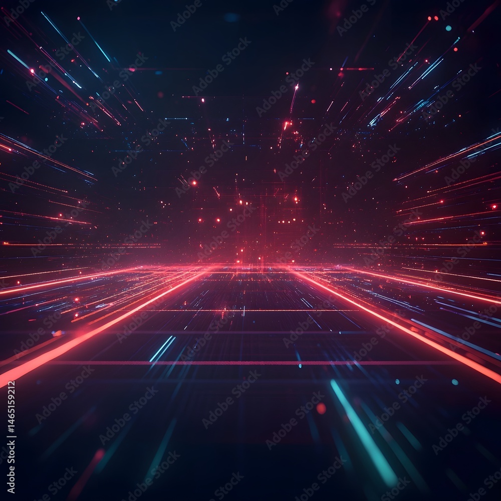 Poster a captivating futuristic landscape of vibrant neon lights with a dynamic path of motion and energy t