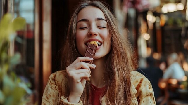 Young woman enjoying KitKat snack