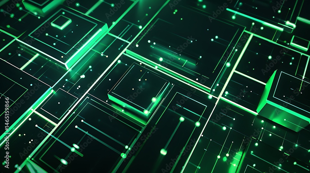 Poster abstract futuristic background with glowing green lines and geometric shapes resembling a circuit bo