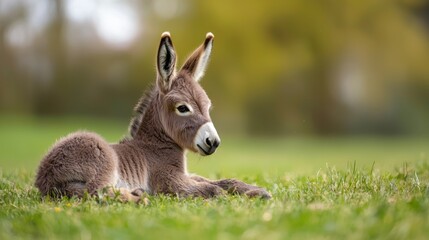 Naklejka premium A donkey foal sitting on the grass, its legs sprawled out and its tail wagging playfully.