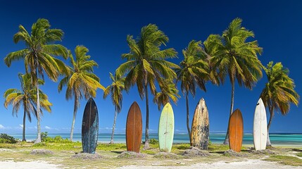 Colorful surfboards standing upright on a tropical sandy beach with palm trees and bright blue sky in the background. Sunny island scene evokes adventure, travel, freedom and summer vibes.