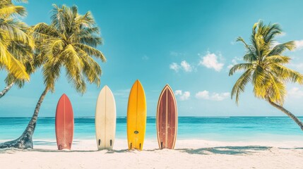 Colorful surfboards standing upright on a tropical sandy beach with palm trees and bright blue sky in the background. Sunny island scene evokes adventure, travel, freedom and summer vibes.