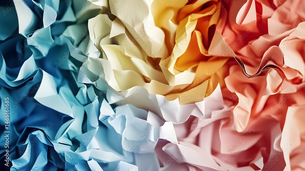 Poster closeup view of soft crumpled fabric in a harmonious blend of vibrant blue pink and yellow hues crea